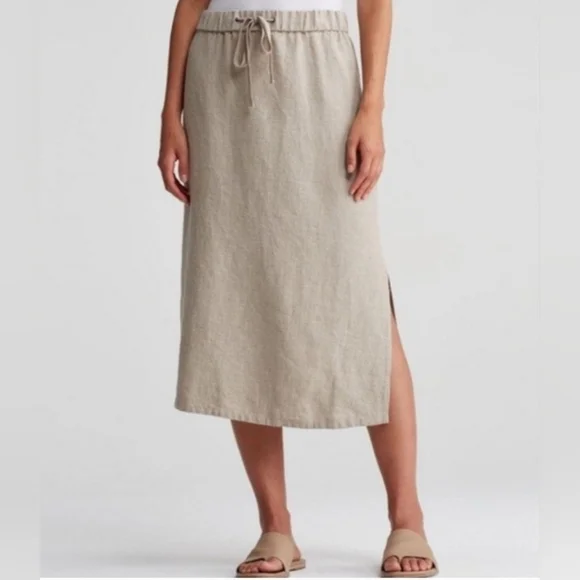EILEEN FISHER Organic-Linen Midi Skirt Elastic Waist Drawstrings Khaki Size L - Picture 11 of 12
